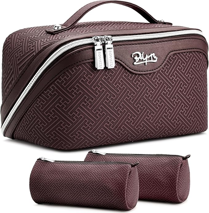 BOYATU Travel Makeup Bags for Women: Vintage Roman Column Texture Large Capacity Cosmetic Bag - Each Journey, Quiet Luxury Serenity - 3 Pcs Set Organizer Toiletry Purse 50% Extra Storage(coffee)