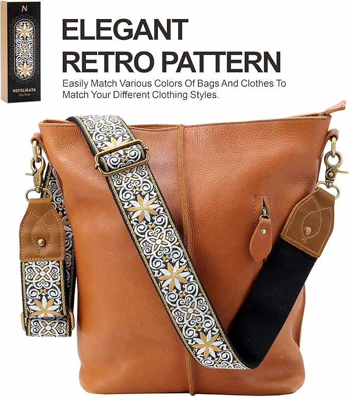 Nefelibata Purse Strap-2"Crazy Horse Leather Bag Strap Adjustable Replacement,Retro Jacquard Embroidery Crossbody Straps