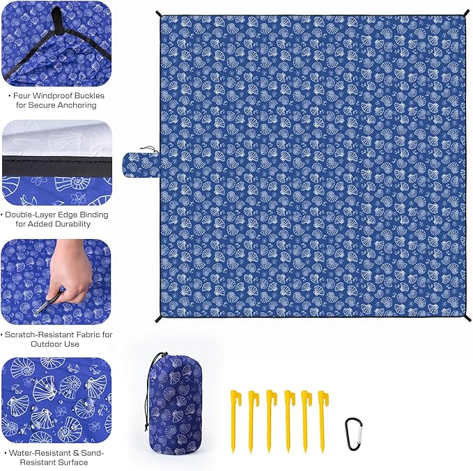 OIGAE Family Beach Blanket, 7×8 ft Sand-Free Picnic Mat for 1–4 People, Quick-Dry Lightweight Outdoor Blanket with Stakes & Corner Pockets, Shell, Blue