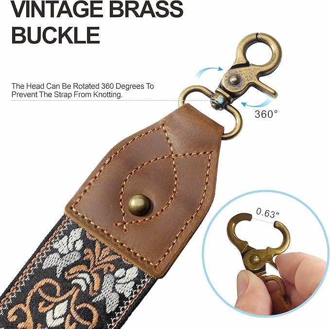 Nefelibata Purse Strap-2"Crazy Horse Leather Bag Strap Adjustable Replacement,Retro Jacquard Embroidery Crossbody Straps