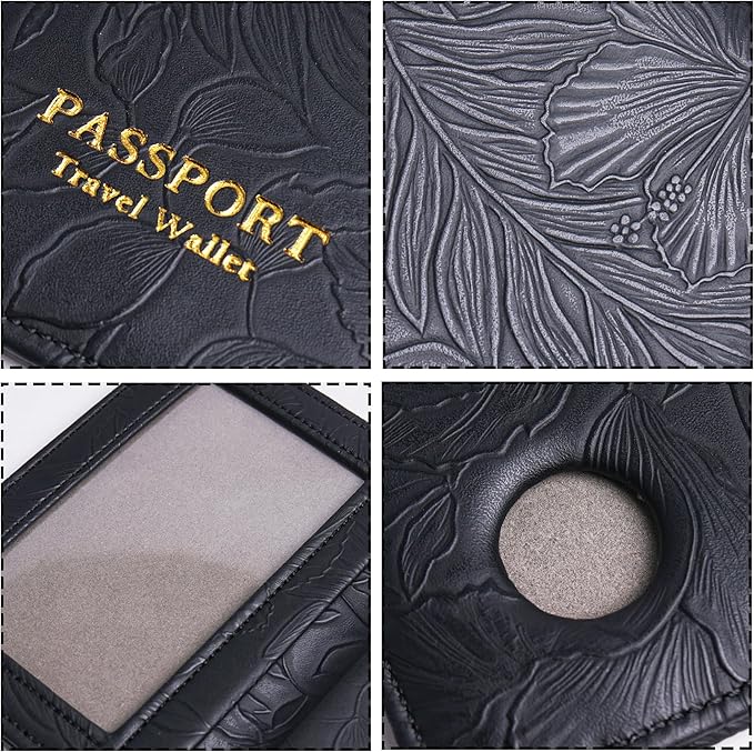 lizimandu Passport Holder with Airtag Slot, Airtag Passport Wallet for Men Women, Slim Leather Passport Holder Case Family for Travel Anti-Lost(1-Carved Black)