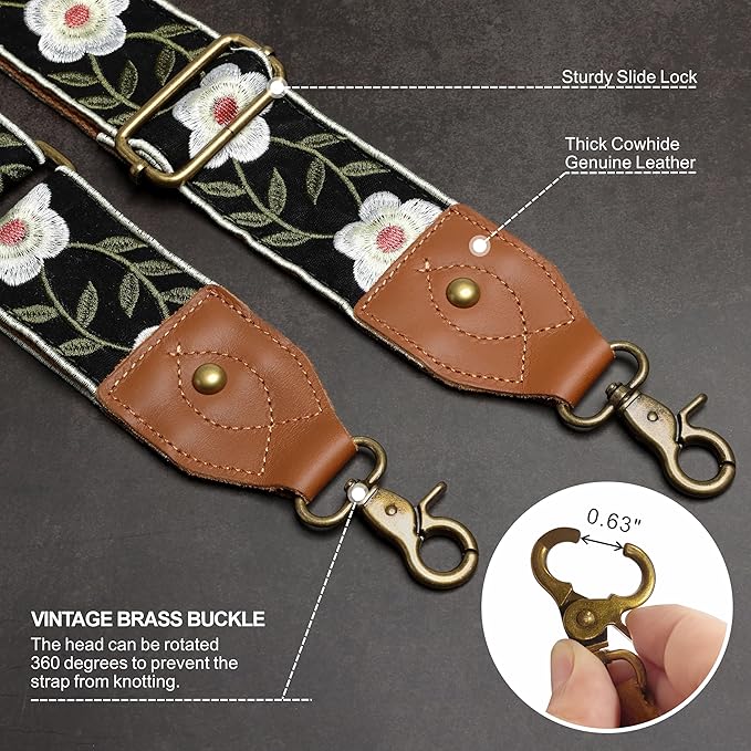 Nefelibata Purse Strap-2"Crazy Horse Leather Bag Strap Adjustable Replacement,Retro Jacquard Embroidery Crossbody Straps