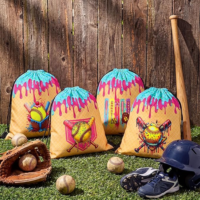 Woanger 24 Pcs Ice Cream Drip Softball Drawstring Bags Bulk 11.81x9.84 Inch Sport Party Favor Backpacks Softball Gift Bags Waterproof Lightweight String Cinch Backpacks for Travel Camp Party