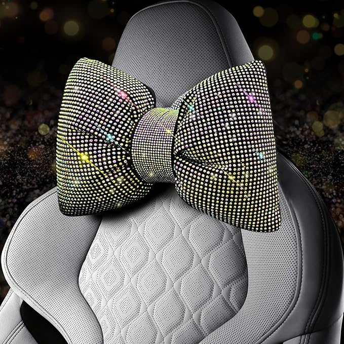 4 PCS Bling Car Pillows,Rhinestones Bowknot Car Headrest Pillow,Car Neck Pillow for Driver Relax Necksupport,Sleeping Travel Support Neck Pillow,Shiny Diamond Interior Accessories for Women,colorful