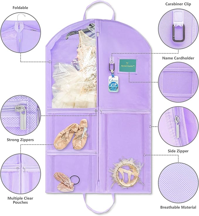 Waterproof Hanging Garment Bag 40 inch Clothes Bag with Gusset, 5 Pockets & Side Zip for Dance Costumes, Sports, Skating, Theatre, Beauty Pageants & More by Kendall Country, Lavender Purple