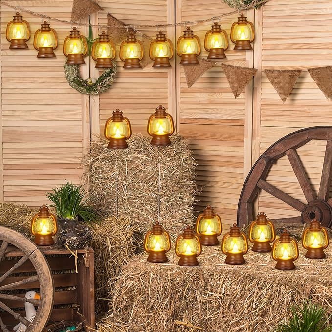 Ferraycle 12 Pcs Mini Lantern Decor 4 Inch Western Lantern Table Centerpiece Small Vintage Camping Hanging Lamp Ornaments Bulk for Cowboy Cowgirl Wedding Halloween Christmas (4 Inch,Brown)