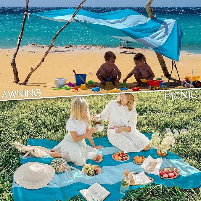 BYDOLL Beach Blanket Waterproof Sandproof Large Sand Free,78''X81''/10'X9' Oversized Sandless Lightweight Blanket Picnic Mat for Beach Travel Camping Hiking with Stakes