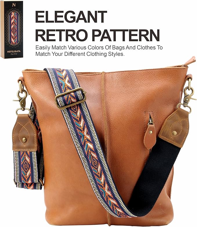 Nefelibata Purse Strap-2"Crazy Horse Leather Bag Strap Adjustable Replacement,Retro Jacquard Embroidery Crossbody Straps