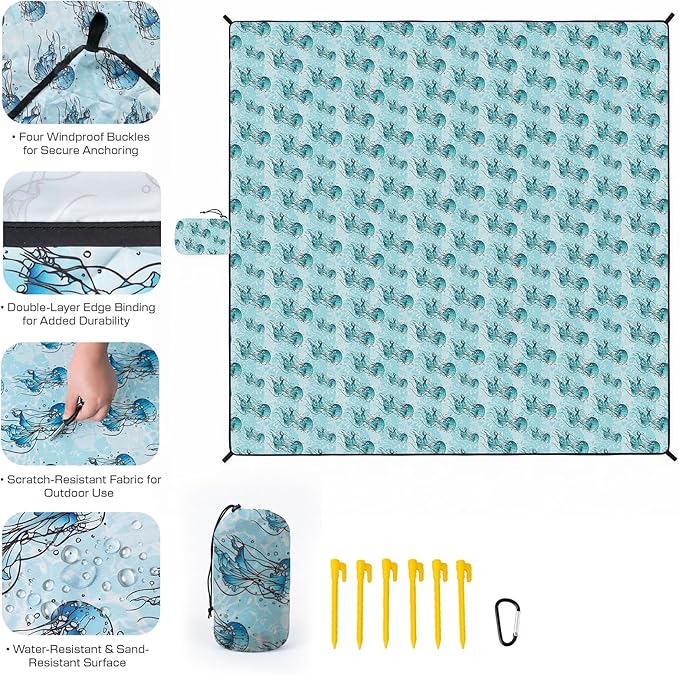 OIGAE Oversized Beach Blanket, 9×10 ft Sand-Free Outdoor Mat for Groups, Quick-Dry Picnic Blanket with Stakes & Corner Pockets, Jellyfish， Green