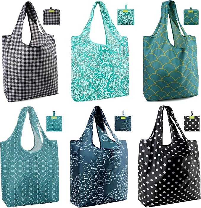 BeeGreen Geometry Reusable Shopping Bags Cute Grocery Bag 6 Pack, Christmas Gift Bags Heavy-Duty Foldable Shopping Totes for Supermarket, Work & Travel, Large Washable Polyester Tote Bag with Handles