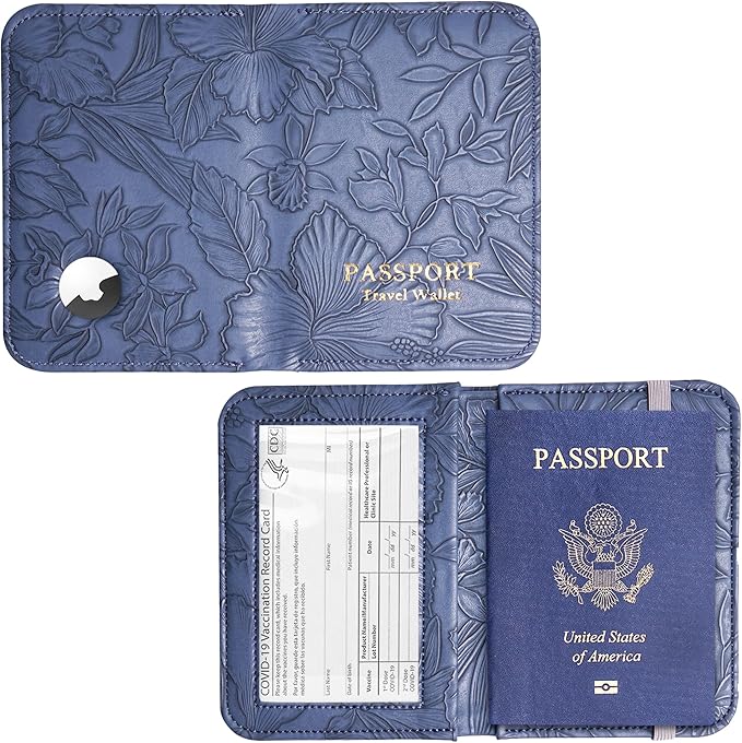 lizimandu Passport Holder with Airtag Slot, Airtag Passport Wallet for Men Women, Slim Leather Passport Holder Case Family for Travel Anti-Lost(1-Carved Blue)