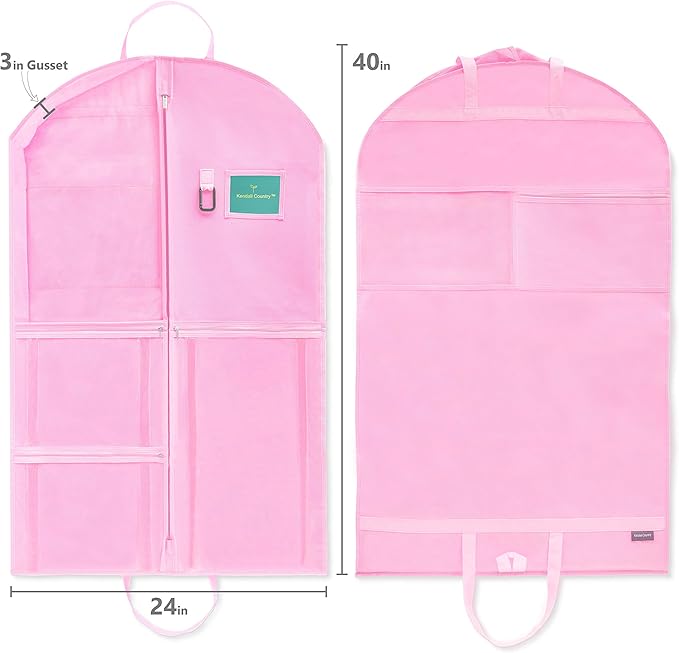 Waterproof Hanging Garment Bag 40 inch Clothes Bag with Gusset, 5 Pockets & Side Zip for Dance Costumes, Sports, Skating, Theatre, Beauty Pageants & More by Kendall Country, Cotton Candy Pink