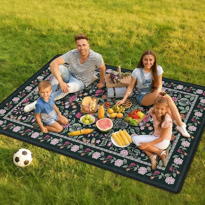 Floral Picnic Blankets Waterproof Foldable, 80″X80″ Extra Large Picnic Mat Boho Outdoor Blanket for Grass, Dark Packable Beach Blanket Sandproof Picnic Accessories for Camping Music Festival Park Lawn