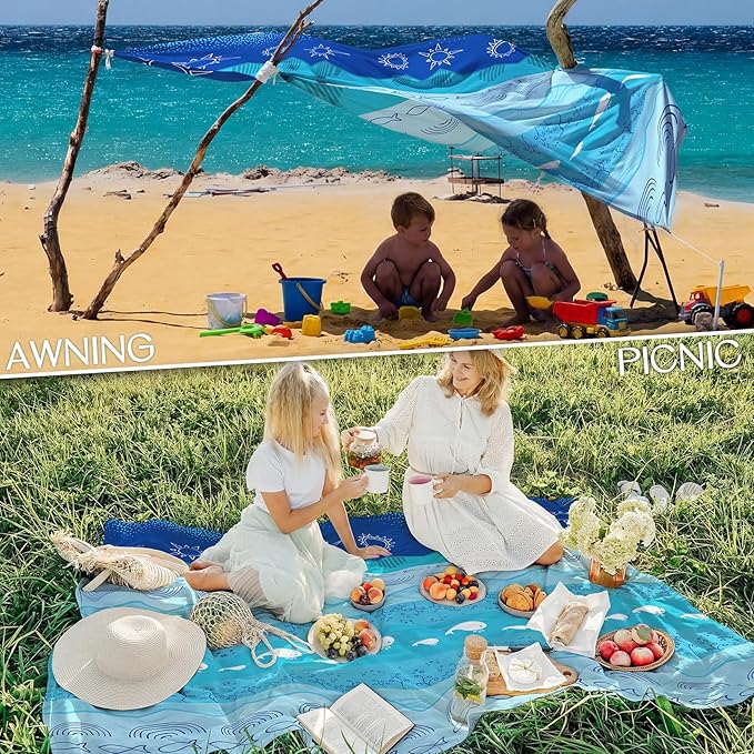 BYDOLL Beach Blanket Waterproof Sandproof Large Sand Free,78''X81''/10'X9' Oversized Sandless Lightweight Blanket Picnic Mat for Beach Travel Camping Hiking with Stakes