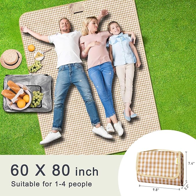 SAMSIER Outdoor Picnic Blankets Waterproof Foldable Sandproof, Large Gingham Cute Picnic Mat Washable Portable for Park Beach Camping Courtyard (Coffee, 60"×80")