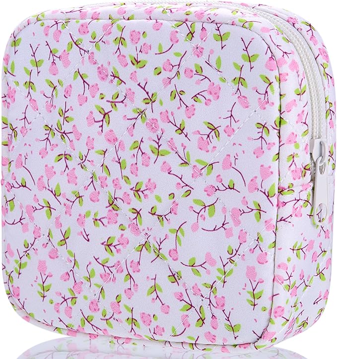 Period Bag for Girls, Quilted Period Pouch for Women, Floral Sanitary Napkin Storage Bag Menstrual Pad Pouches Tampon Holder for Purse Pad Bag Gifts for Teen Girls(Pink)