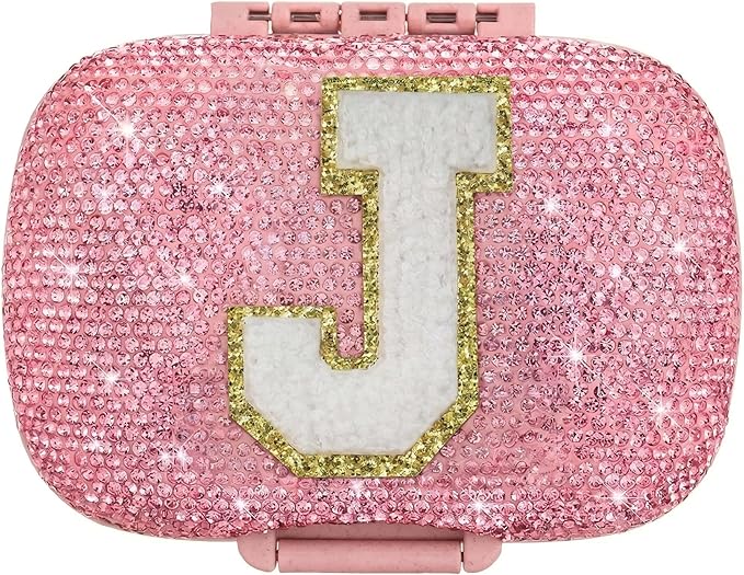 Cute Pill Organizer Small Bling Pill Case for Purse Medicine Vitamin Container Holder Daily Pill Box Container for Women Travel Medicine Kit(Letter J Pink)