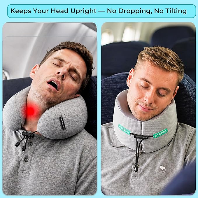 Neck Support Travel Pillow for Airplane: Firm Core Memory Foam Supports 8 lbs Without Collapsing - 360° Chin & Neck Support Prevents Head Bobbing - for Men on Long-Haul Flights