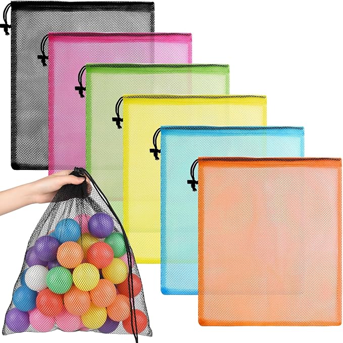 PLULON 6 Pcs Mesh Bag Drawstring Mesh Beach Bags, 18 x 12 Inch Nylon Drawstring Bag for Pool Beach Ball Toys Storage Bag for Collecting Travel Sports Gym (Multicolor)