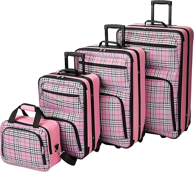 Rockland Fashion Softside 4 Piece Luggage Set, Expandable, (14" Tote/19"/24"/28"), Pink Cross