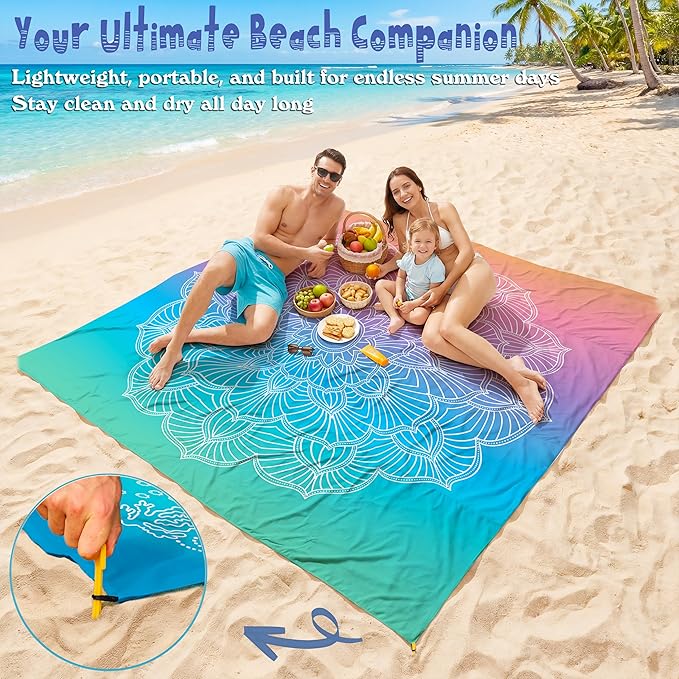 Aroveea Beach Blanket Waterproof Sandproof 1-7 Adult Oversized 78''X81''/10'X9' Lightweight Durable Compact Sand Free Beach Mat for Travel Camping Hiking Picnic Blanket
