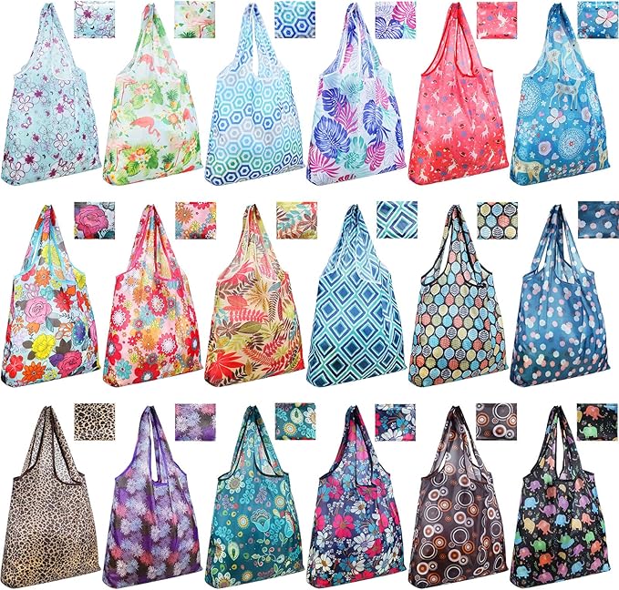 Weewooday 18 Pieces Foldable Reusable Shopping Bags Machine Washable Grocery Bags Waterproof