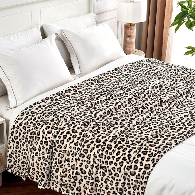 Edenleaf Leopard Print Blanket Fleece Throw for Bed Sofa Travel and Camping, Super Soft Cozy Fluffy Plush Cheetah Print Blanket for All Seasons 50"x60" (Cream)