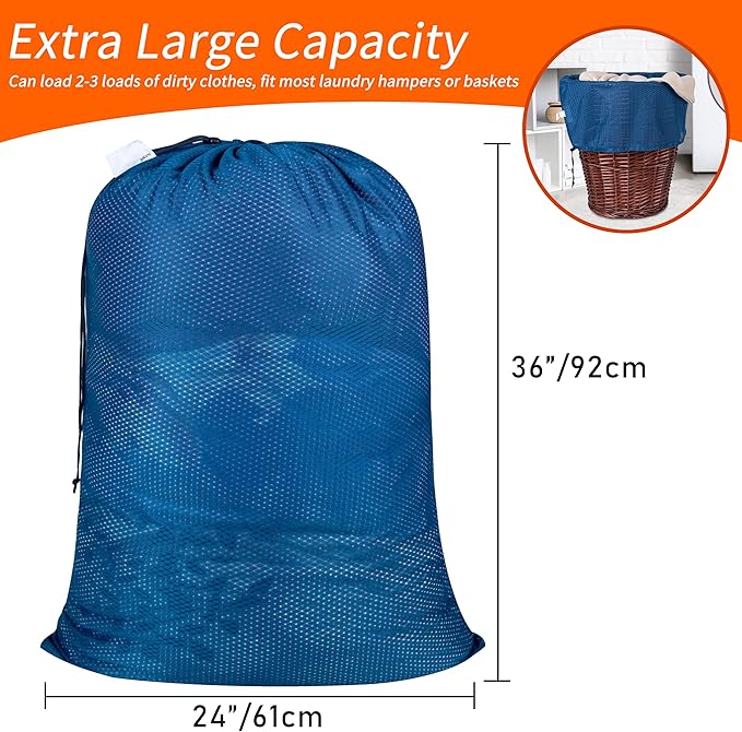 Polecasa Heavy Duty Diamond Mesh Laundry Bags 24x36"- Machine Washable Large Commercial Grade Laundry Bag with Drawstring & ID Tag for College Dorms, Travel, Sports Equipment – Blue
