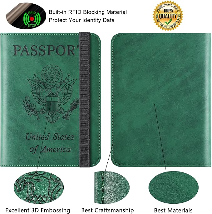 Airtag Passport Holder for Travel Essentials Wallet Rfid Blocking Cover Leather Case Vacation Travel Accessories for Women Men (601#Green)