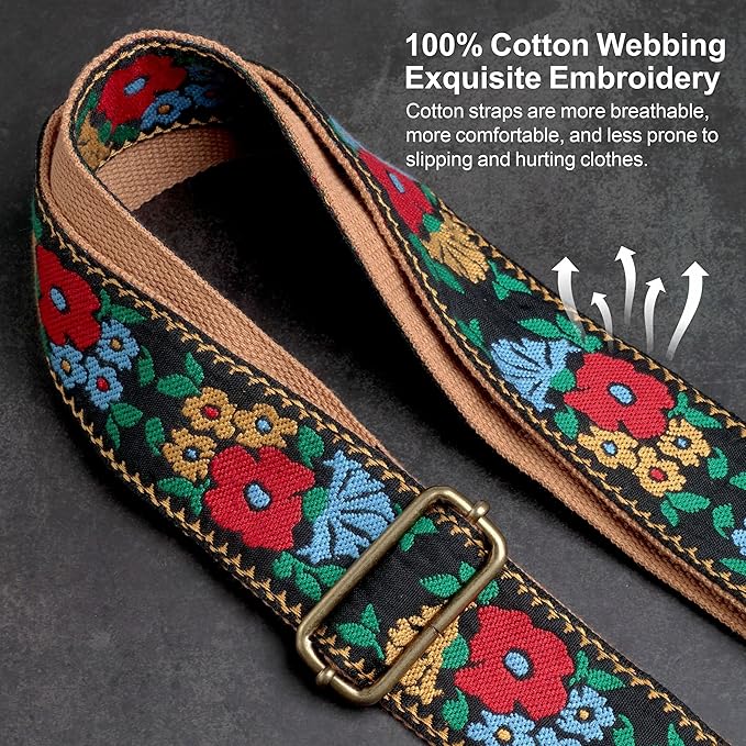 Nefelibata Purse Strap-2"Crazy Horse Leather Bag Strap Adjustable Replacement,Retro Jacquard Embroidery Crossbody Straps