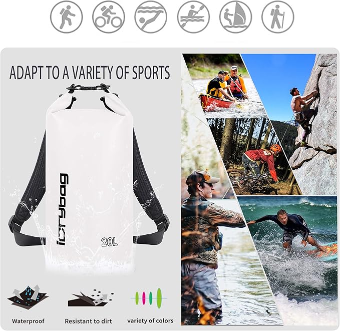 IDRYBAG Dry Bag for Kayaking Waterproof 2L/5L/10L/15L/20L, Small Dry Sack Waterproof Bag for Boating