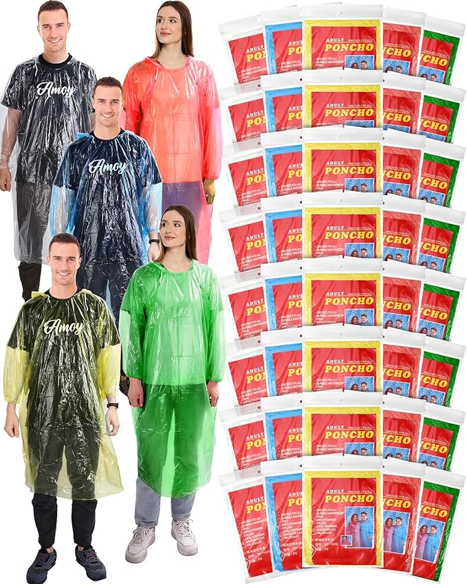 40 Pack Disposable Rain Ponchos for Adults Disposable Ponchos Pack with Drawstring Hood Elastic Sleeves Raincoat for Camping