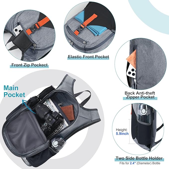 FIORETTO 10L Hiking Backpack for Women Men Mini Packable Backpack Lightweight Small Daypack for Camping Travel Outdoor, Grey and Black