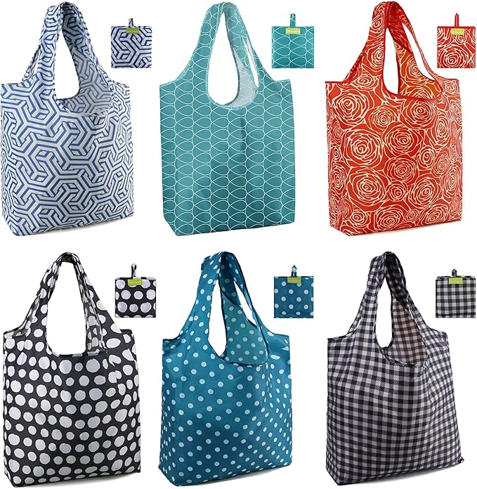 BeeGreen Geometry Reusable Shopping Bags Cute Grocery Bag 6 Pack, Christmas Gift Bags Heavy-Duty Foldable Shopping Totes for Supermarket, Work & Travel, Large Washable Polyester Tote Bag with Handles