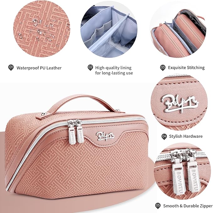 BOYATU Travel Makeup Bags for Women: Vintage Roman Column Texture Large Capacity Cosmetic Bag - Each Journey, Quiet Luxury Serenity - 3 Pcs Set Organizer Toiletry Purse 50% Extra Storage(Pink)