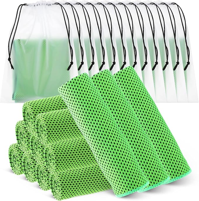 Hosuly 12 Pcs Cooling Towels for Face and Neck 12 x 40 Inch Workout Towels for Gym Fast Drying Hot Weather Sweat Rag Cold Cooling Cloth with 12 Bags Athletes Sport Yoga Golf(Green)