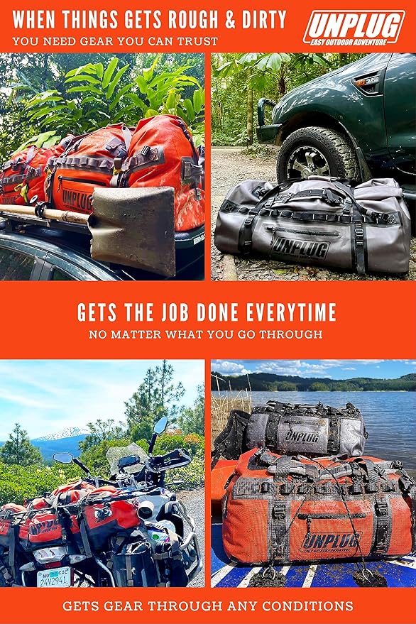 UNPLUG Ultimate Adventure | 1680D Heavy Duty Waterproof Bag | Large Travel Bag which can be Used for Camping, Motorcycling, Boating, or Hunting|155L Adventure Orange
