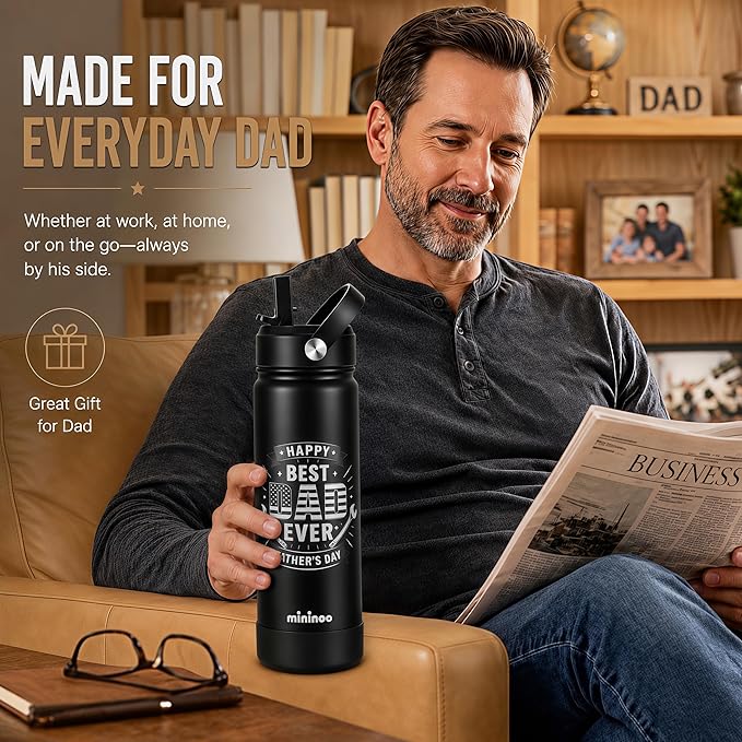 Father’s Day Gift, 24oz Insulated Stainless Steel Water Bottle with Straw Lid, Gifts for Father, Husband, Grandpa from Daughter Son