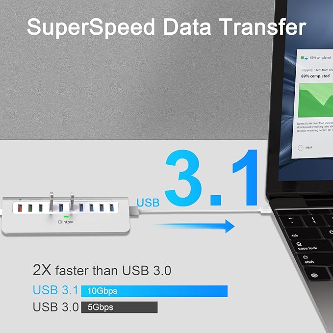 Powered USB Hub 10Gbps, 10 Port USB 3.2 Gen 2 Hub with 7 USB 3.2 Data Ports, 3 Fast Charging Ports, 36W Power Adapter, Type A and Type C Cable, Aluminum USB Hub for Laptop, Mac, PC
