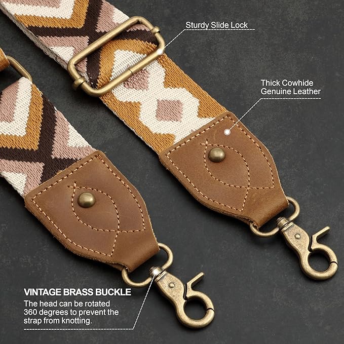 Nefelibata Purse Strap-2"Crazy Horse Leather Bag Strap Adjustable Replacement,Retro Jacquard Embroidery Crossbody Straps