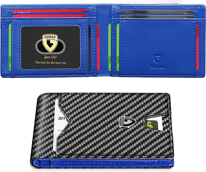 GSOIAX Slim Wallet for Men Rfid Blocking Leather Bifold Front Pocket Carbon Fiber Men's Money Clips Credit Card Holder With Gift Box