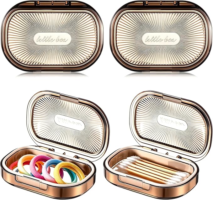 4 Pcs Hair Tie Container Small Portable Travel Cotton Swab Holder Dispenser with Lid Plastic Box Storage Containers for Small Items, 3.94 x 2.76 Inch(4Pces,Brown01)