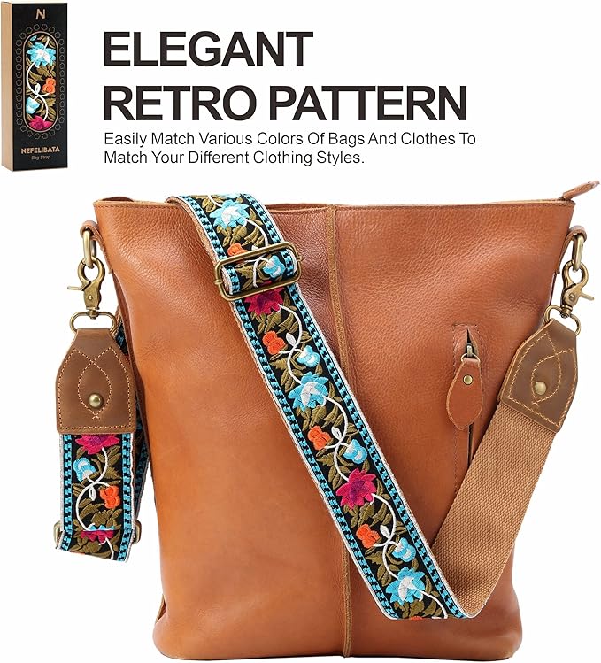 Nefelibata Purse Strap-2"Crazy Horse Leather Bag Strap Adjustable Replacement,Retro Jacquard Embroidery Crossbody Straps