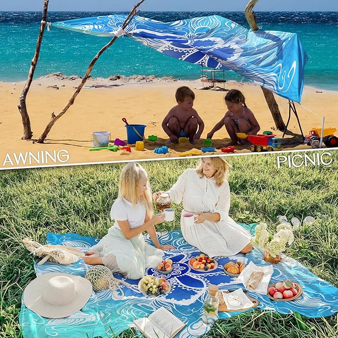 BYDOLL Beach Blanket Waterproof Sandproof Large Sand Free,78''X81''/10'X9' Oversized Sandless Lightweight Blanket Picnic Mat for Beach Travel Camping Hiking with Stakes
