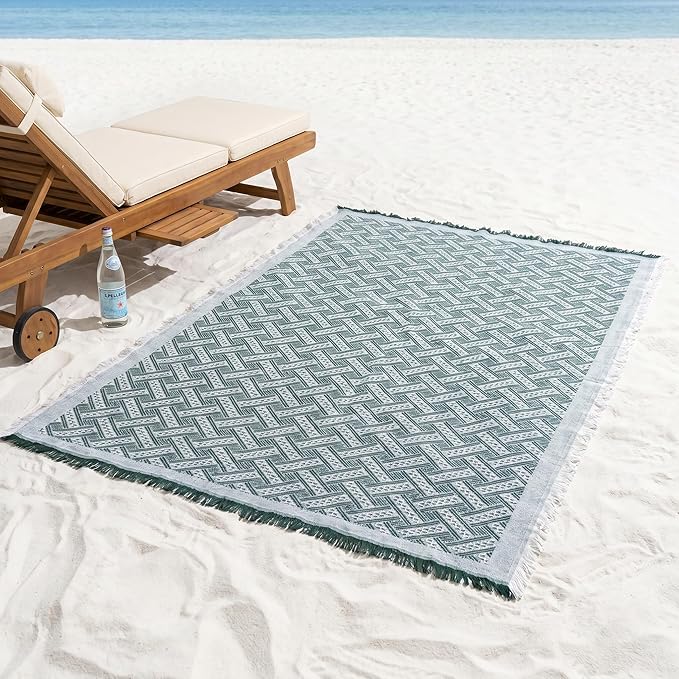 70x70 Bohemian Picnic Mat Extra Large, Sand Proof Outdoor Camping Blanket Machine Washable, Lightweight Portable Travel Tarp for 5-7 Adults Beach Park Grass (Green-T-Grid)