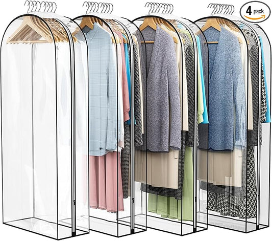 Liuoud Clear Garment Bag for Hanging Clothes 10” Gusseted, 50” Suit Bags for Open Closet Storage Plastic Clothes Cover for Coat, Dress, Shirts, Fur, Jacket, Wardrobe Protectors, 4 Pack