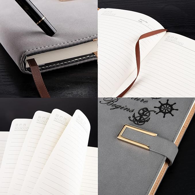 Fanery Sue Refillable Adventure Writing Journal For Men & Women Faux Leather Hardcover Notebook A5 College Ruled 200 Lined Pages Lay-Flat Personal Diary With Pen & Magnetic Buckle （Adventure - Grey