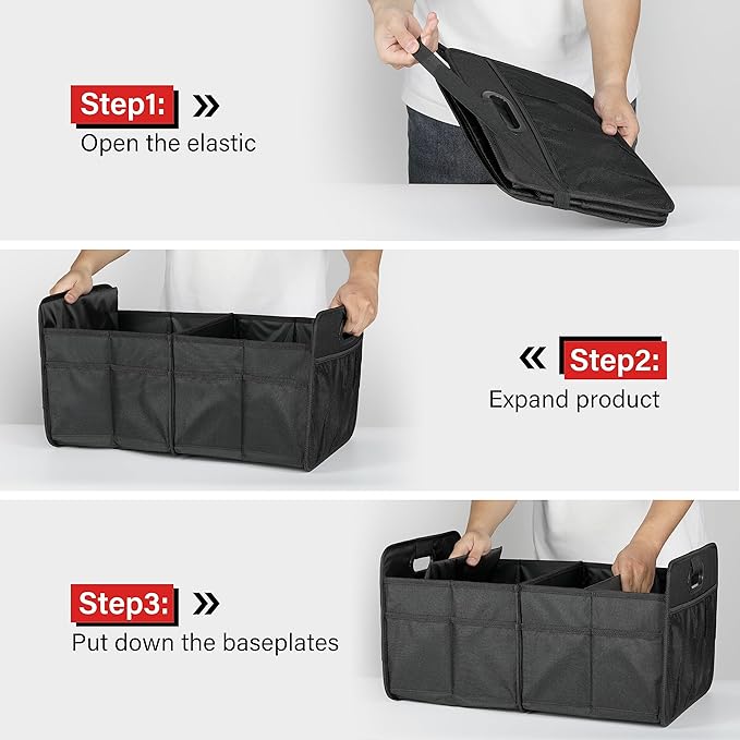 Simple Deluxe Car Trunk Organizer, 2 Compartments Collapsible Trunk Storage, Anti-slip Design, Made of Waterproof 600D Oxford Polyester, Suitable for SUV, Minivan, Truck, Standard Size, Black New