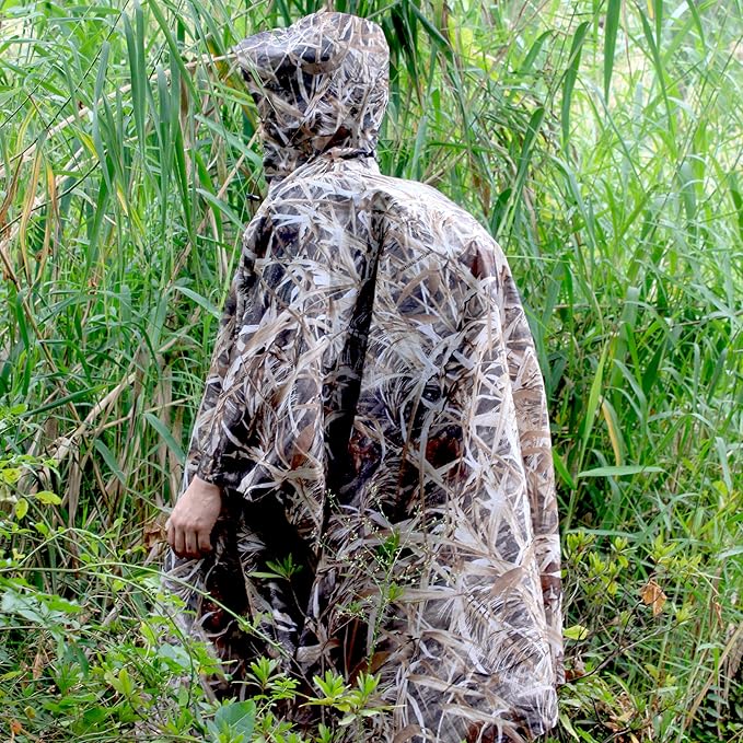 AUSCAMOTEK Camouflage Rain Poncho Hooded Waterproof Camo Raincoat with Blind Pattern for Hunting Hiking Camping Fishing