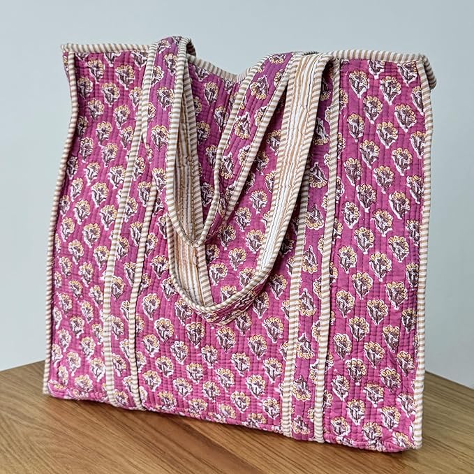 ATOSII Women Handblock Print Quilted 100% Cotton Floral Large Shoulder Tote Bag with Pocket, Zipper for Work, Beach & Travel